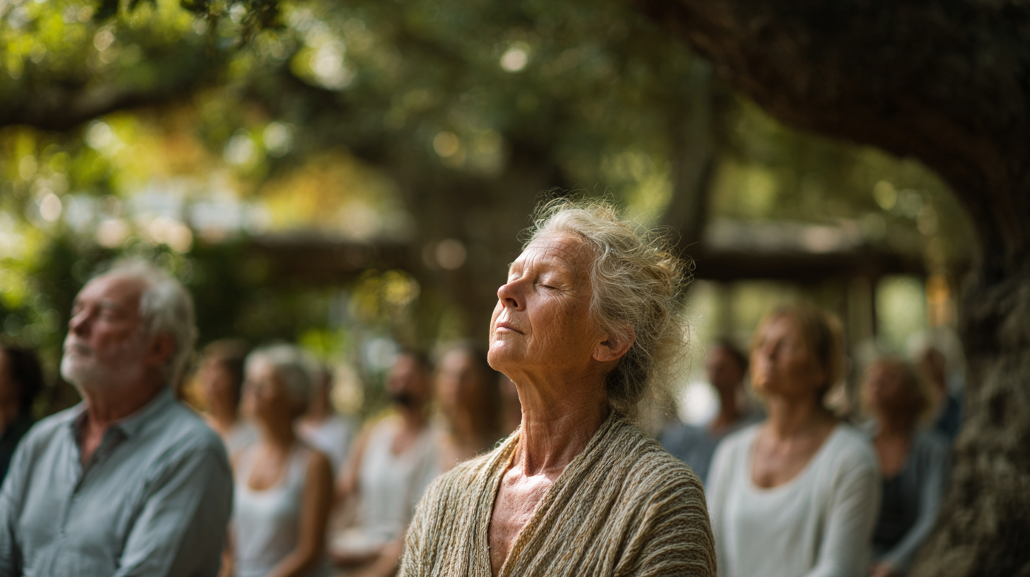 Възрастни хора практикуват йога на открито