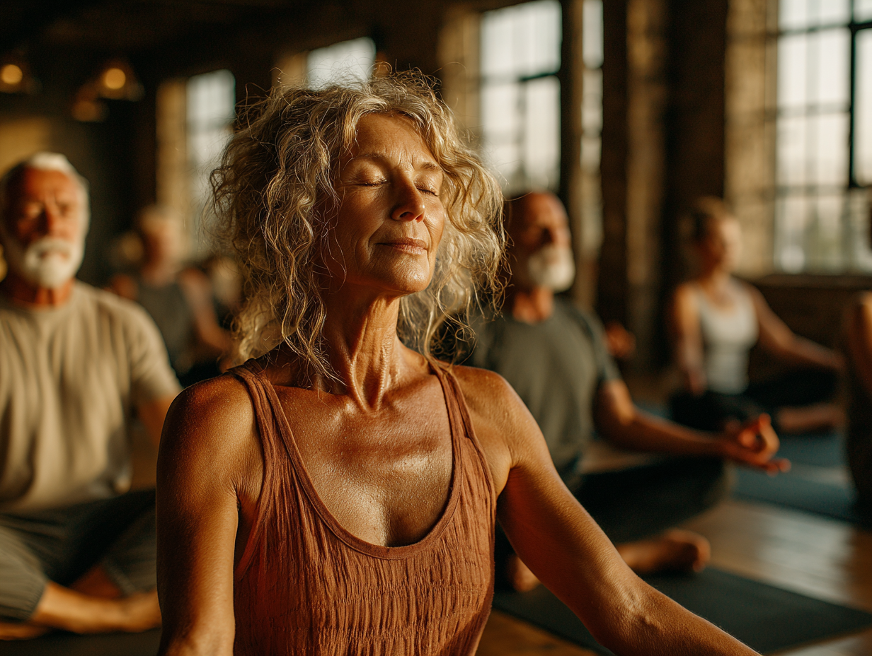 Група възрастни хора практикуват йога в спокойна обстановка